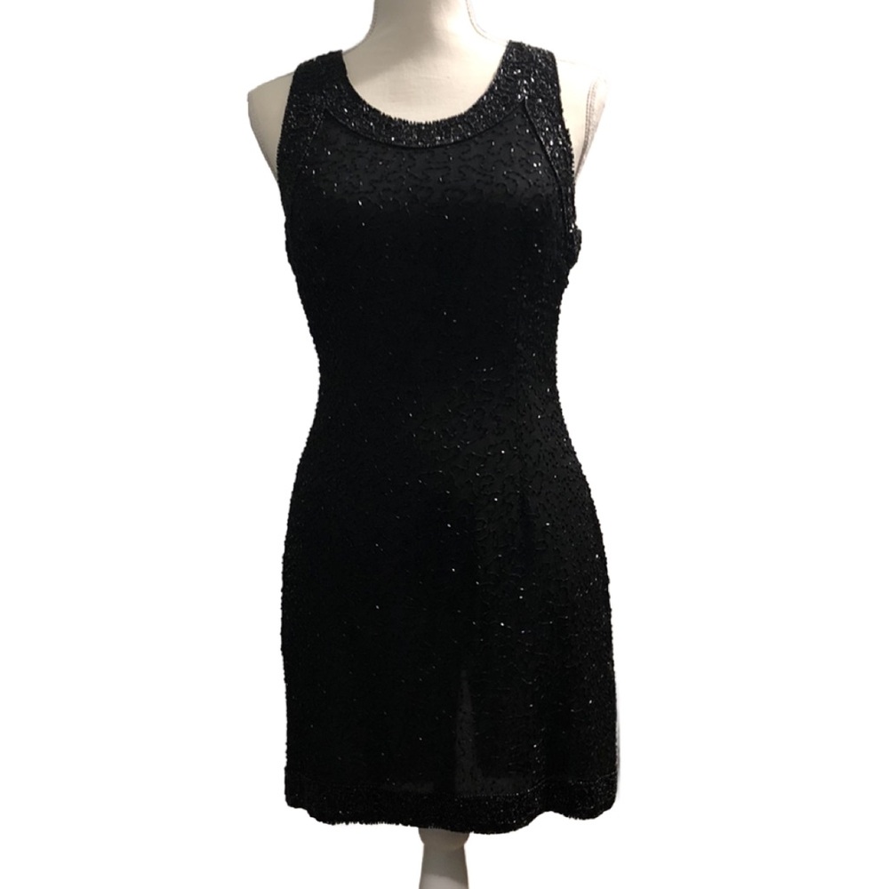Vintage Laurence Kazar Beaded‎ Silk Black Cocktail Sheath Dress Petite Medium